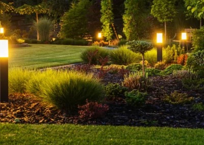 custom outdoor lighting in backyard in Edmonton by Lush Landscaping