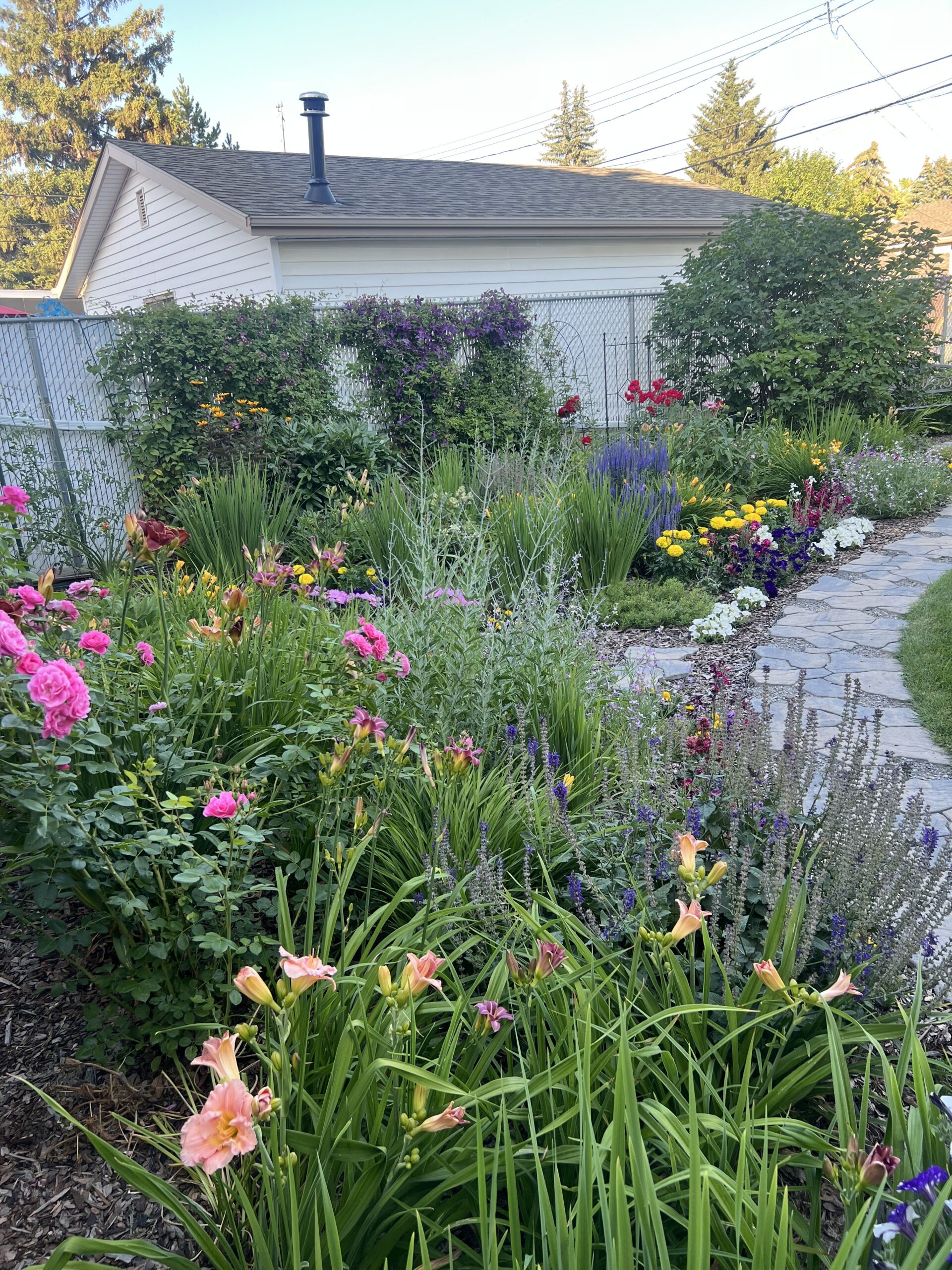 A backyard with a stone walkway and many beautiful colorful flowers that were planted by Lush Landscaping
