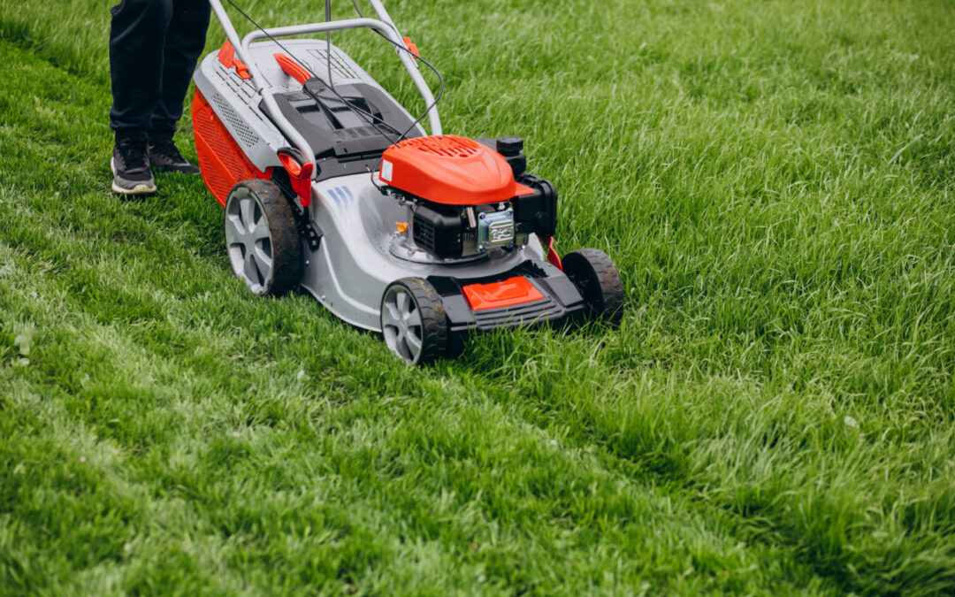 professional landscaper mowing a lawn
