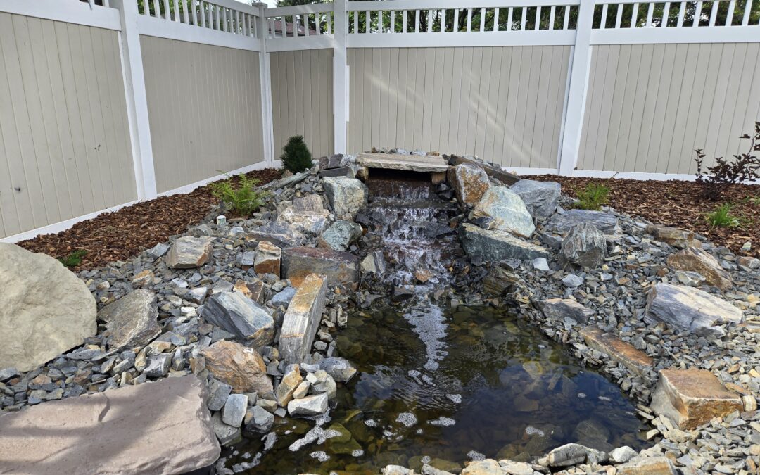 a backyard rock waterfall built by Lush Landscaping