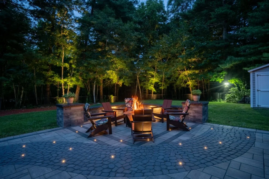 Outdoor lighting around backyard fireplace