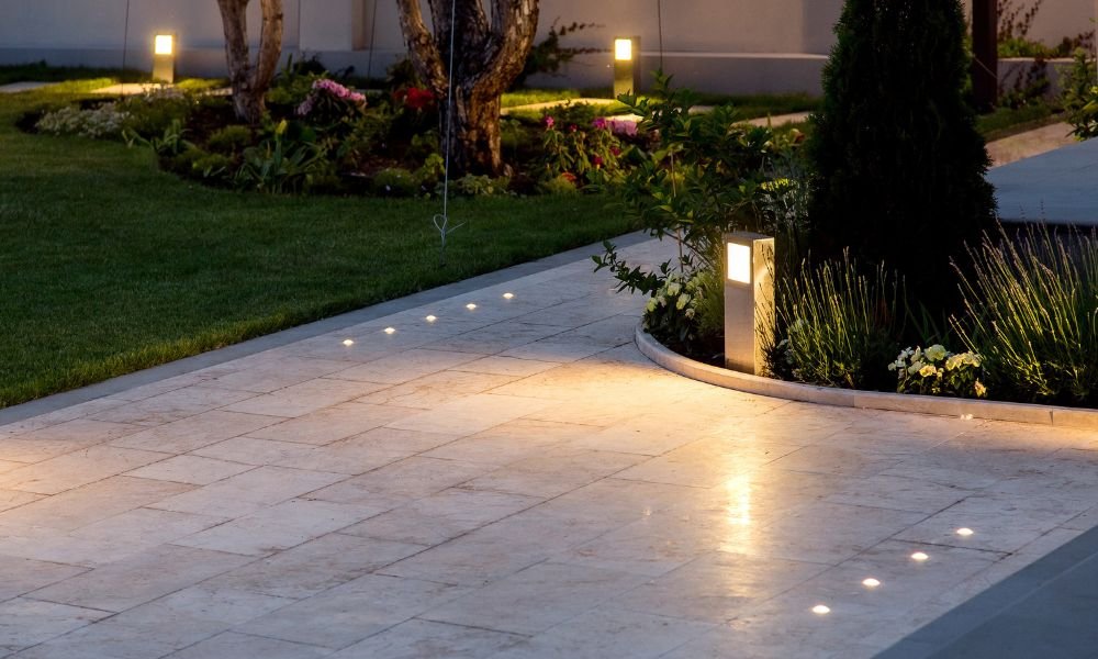 backyard lights pointed down on a walkway for a natural effect
