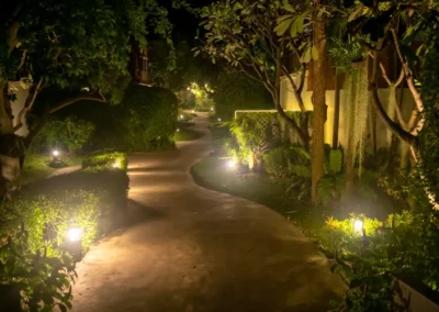 backyard path with lights on the side