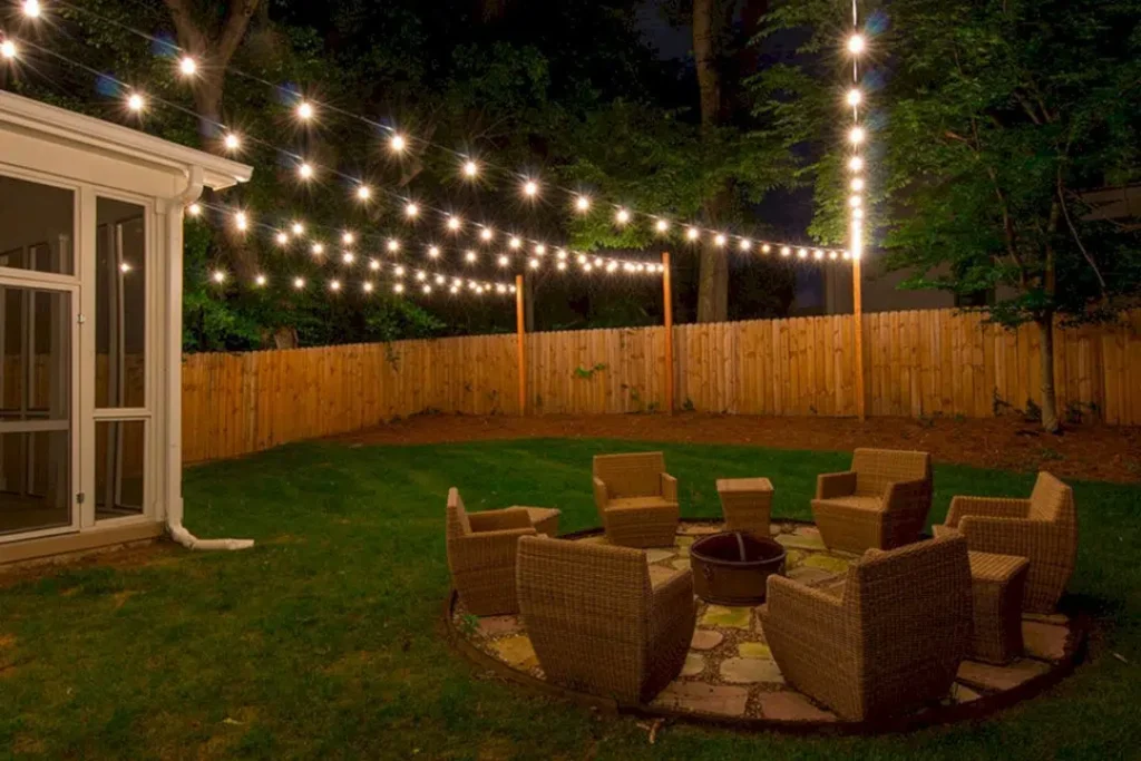 illuminated outdoor seating area