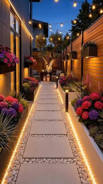 narrow sideyard garden with lighting